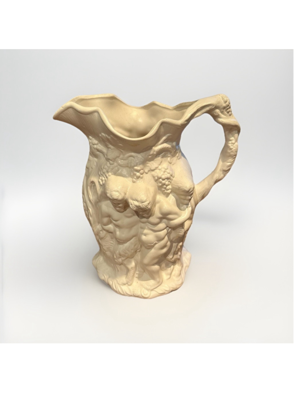 Vintage Cream White Ceramic Cherub Pitcher | Bacchanalian Putti Relief Vase Jug